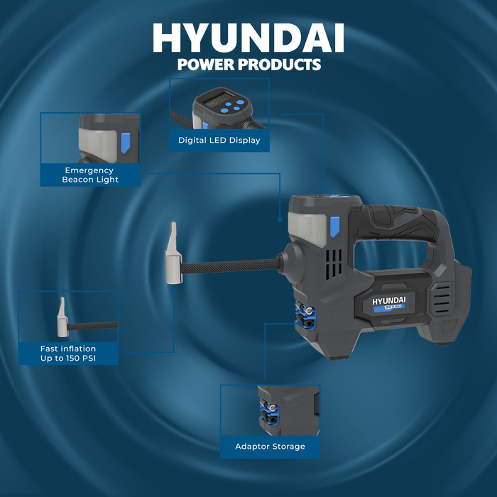 Hyundai 20V Cordless Tyre Inflator – Digital PSI Gauge, Auto Shutoff, Work Light & Emergency Beacon – SKIN ONLY (IF20S)