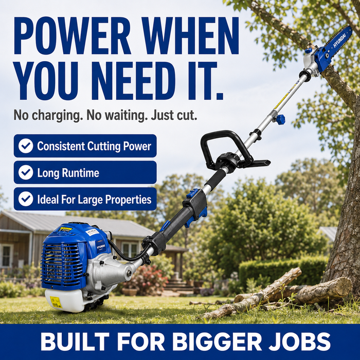 Hyundai 33cc Petrol Pole Chain Saw – 10" Bar, Easy Start, Triple Shaft, 2-Stroke Engine