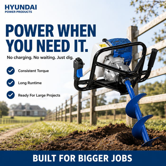 Hyundai 52cc Petrol Earth Auger – 3 Drill Bits, Anti-Vibration Handle, 2-Stroke Engine