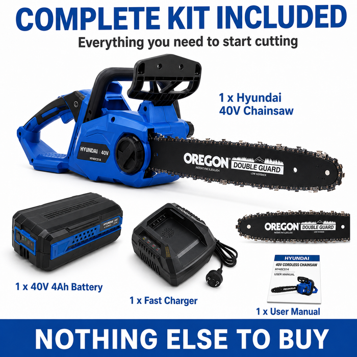 Hyundai 40V Battery Chain Saw Starter Kit– 14" Oregon Bar, 4Ah Battery + Charger, Safe & Eco-Friendly