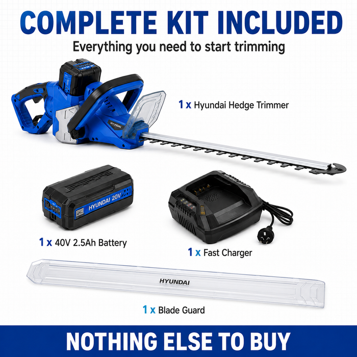 Hyundai 40V Cordless Hedge Trimmer Kit – 520mm Blade, Battery & Charger Included
