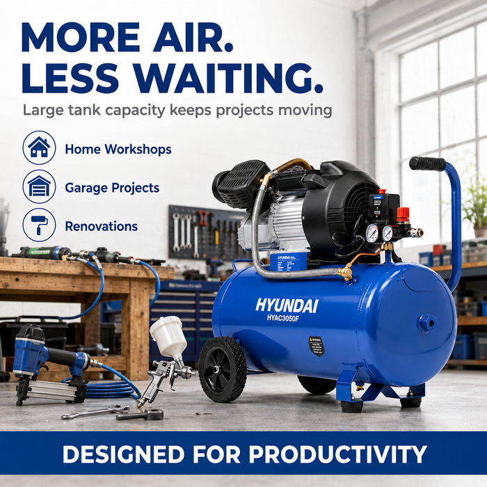 Hyundai 3HP 50L Portable Air Compressor – Direct Drive, Twin Outlet, 12.6CFM, Oil-Lubricated