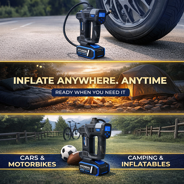 Hyundai 20V Cordless Tyre Inflator Kit – 150 PSI Portable Air Compressor + 2.0Ah Battery & Fast Charger | Car, Bike, 4WD, Camping & Emergency Tyre Pump (IF20S / B120-2 / C202-2)