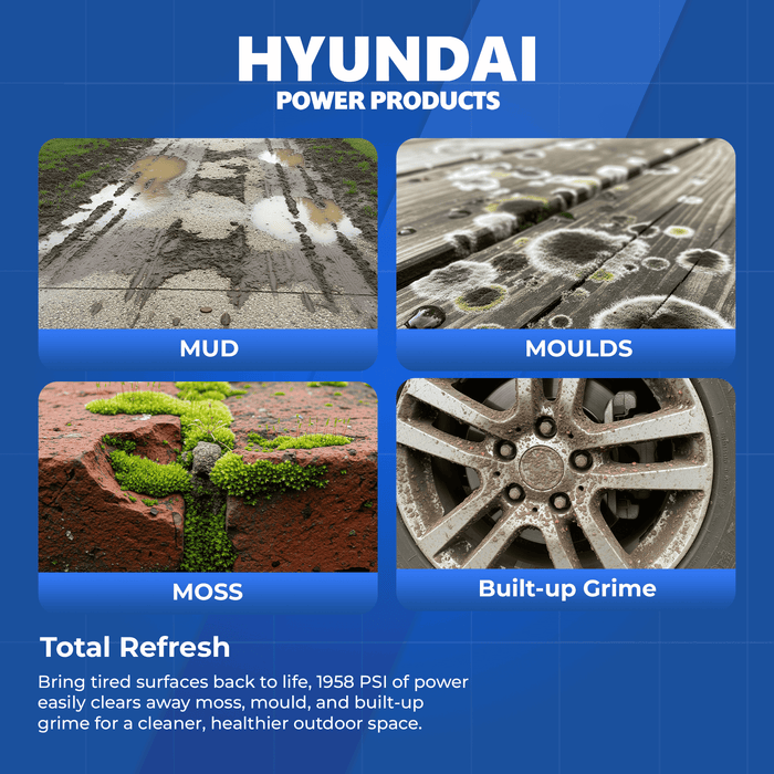 Hyundai 1958 PSI Electric Pressure Washer – 1800W, Patio Cleaner, Turbo Nozzle (HY-VCJ-90PA)