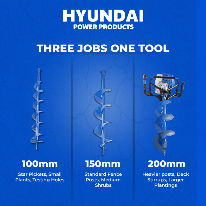Hyundai 52cc Petrol Earth Auger – 3 Drill Bits, Anti-Vibration Handle, 2-Stroke Engine (HYEA5200X)