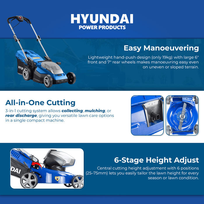 Hyundai 17" 40V Battery Lawn Mower – Steel Deck, 6-Stage Height Adjust, 45L Catcher, Lightweight & Durable - SKIN ONLY (HY42-E40(P))