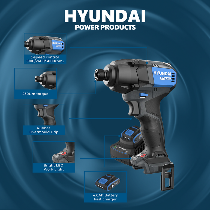 Hyundai 20V Brushless Impact Driver Kit – 230Nm, 3-Speed, LED, 4Ah Battery & Charger (ID20X-230FT)