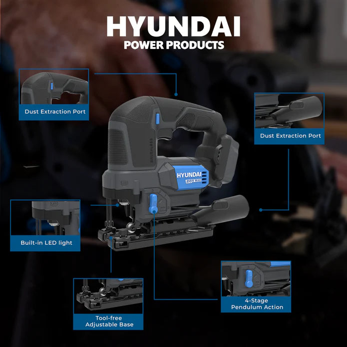 Hyundai 20V Brushless Jig Saw Kit – Adjustable Base, 4-Stage Pendulum, LED, Variable Speed + 20V 2Ah Lithium-Ion Battery & Charger Kit