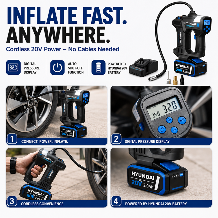 Hyundai 20V Cordless Tyre Inflator Kit – 150 PSI Digital Air Compressor, 2.0Ah Battery &amp; Fast Charger Included – Portable Car, Bike &amp; Camping Inflator