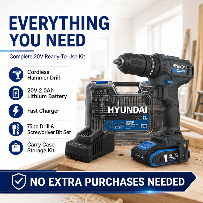 Hyundai 20V Hammer Drill Complete Kit - Hammer Drill + 75 Accessories, 2Ah Battery, Charger & Carry Case - Homeowner's Starter Kit