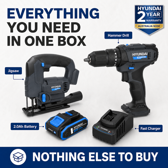 Hyundai 20V Home DIY Starter Kit – Hammer Drill, Jigsaw, 2.0Ah Battery & Fast Charger – Complete Cordless Renovation Kit