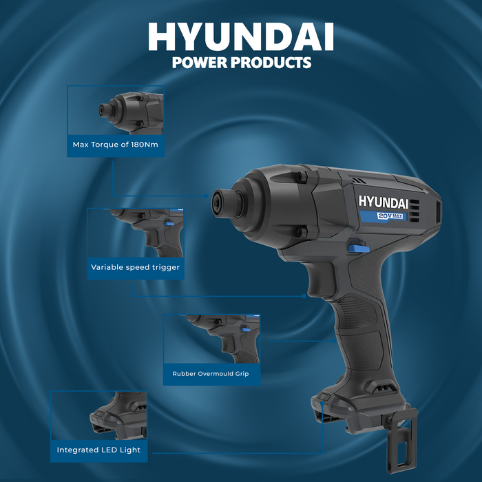 Hyundai 20V Cordless Impact Wrench – 180Nm Torque, 3000ipm, LED Light, Variable Speed - SKIN ONLY (ID20S-180)