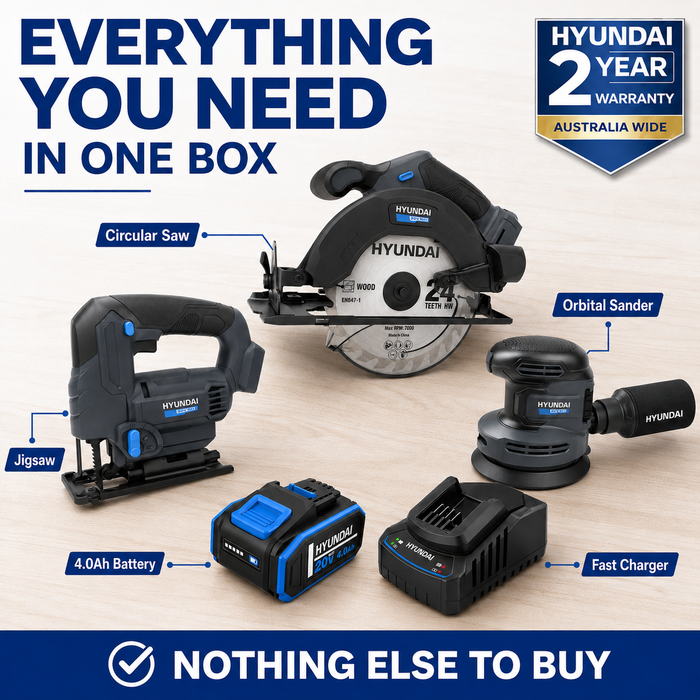 Hyundai 20V Woodworking Kit – Circular Saw, Jigsaw, Orbital Sander, 4.0Ah Battery & Fast Charger – Complete Cordless Carpentry Kit