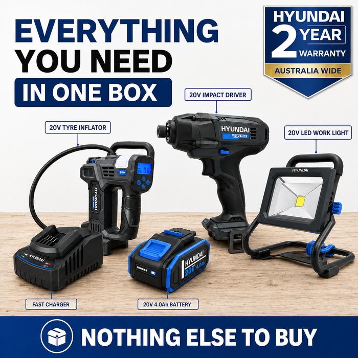 Hyundai 20V Automotive Workshop Kit – Impact Driver, Tyre Inflator, LED Work Light, 4.0Ah Battery & Fast Charger – Complete Garage Kit