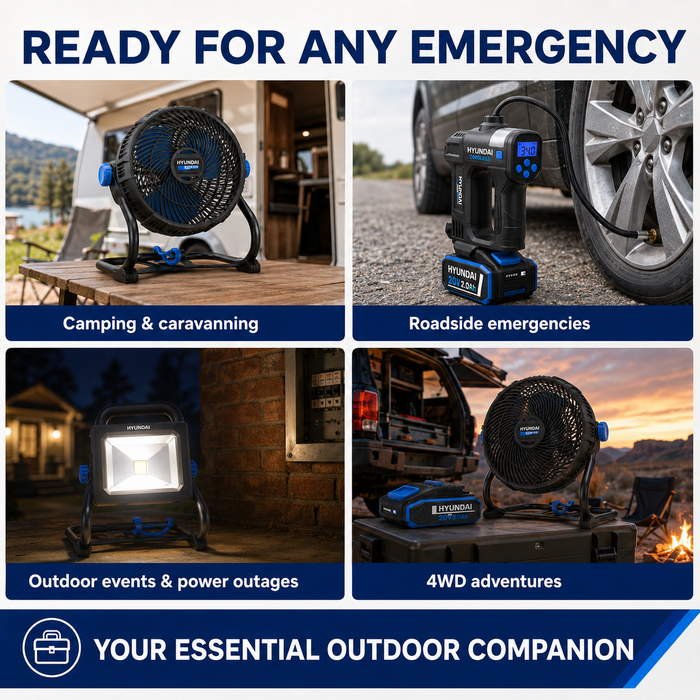Hyundai 20V Outdoor Power Kit – Fan, LED Work Light, Tyre Inflator, 2.0Ah Battery & Fast Charger – Portable Outdoor Power Kit