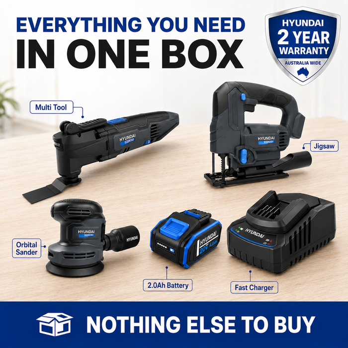 Hyundai 20V Renovation Kit – Multi Tool, Jigsaw, Orbital Sander, 2.0Ah Battery & Fast Charger – Complete Home Renovation Kit