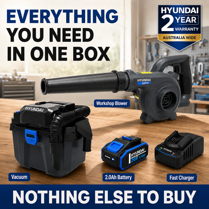 Hyundai 20V Outdoor Cleaning Kit – Workshop Blower, Vacuum, 2.0Ah Battery & Fast Charger – Cordless Garage & Workshop Cleaning Kit