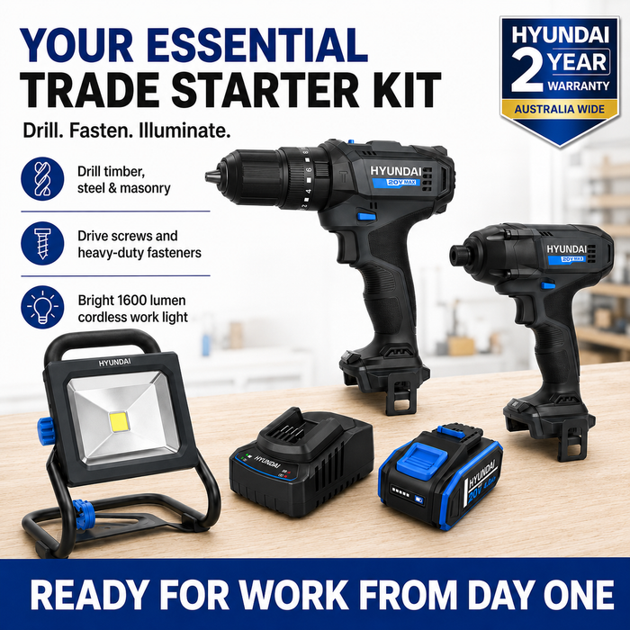 Hyundai 20V Trade Apprentice Kit – Hammer Drill, Impact Driver, LED Work Light, 2.0Ah Battery & Fast Charger – Complete Cordless Starter Kit