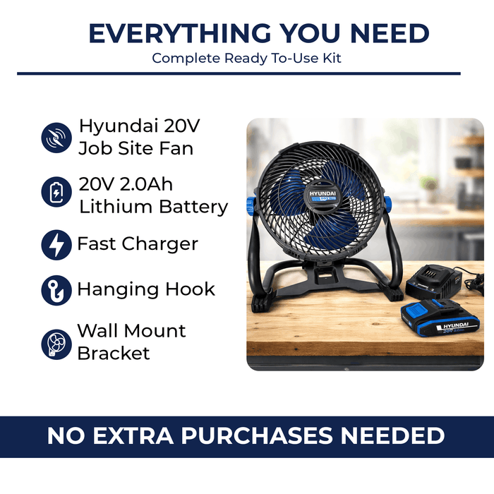 Hyundai 20V Cordless Camping & Job Site Fan Kit – 360° Adjustable Airflow, Dual Speed Cooling for Camping, Workshop & Garage