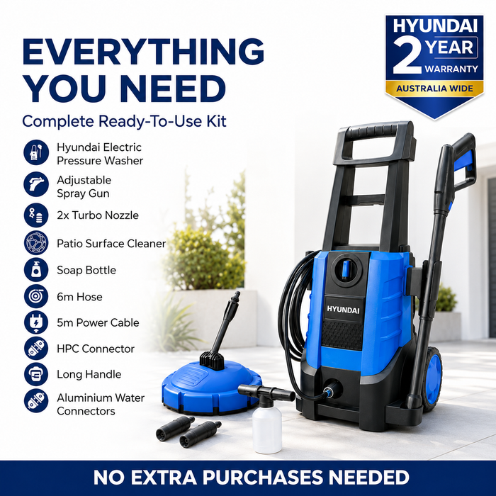 Hyundai 1958 PSI Electric Pressure Washer – 1800W Power Cleaner for Cars, Driveways & Patios, Turbo Nozzles + Patio Cleaner Kit