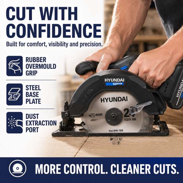 Hyundai 20V Cordless Circular Saw – 165mm Blade, Bevel Cuts, Dust Port – Skin Only