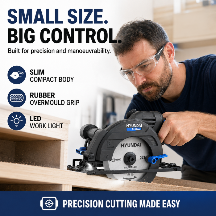 Hyundai 20V Brushless Mini Circular Saw Kit – 120mm Blade, 41mm Cut Depth + 20V 2Ah Lithium-Ion Battery & Charger Kit
