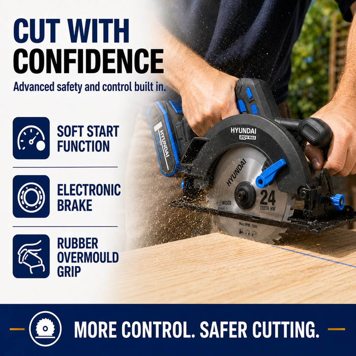 Hyundai 20V Brushless Circular Saw – 190mm Blade, 67.5mm Cut Depth - Skin Only