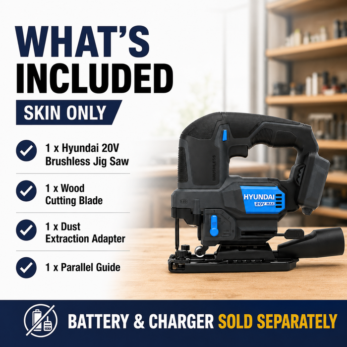 Hyundai 20V Brushless Jig Saw – Adjustable Base, 4-Stage Pendulum, LED, Variable Speed - Skin Only