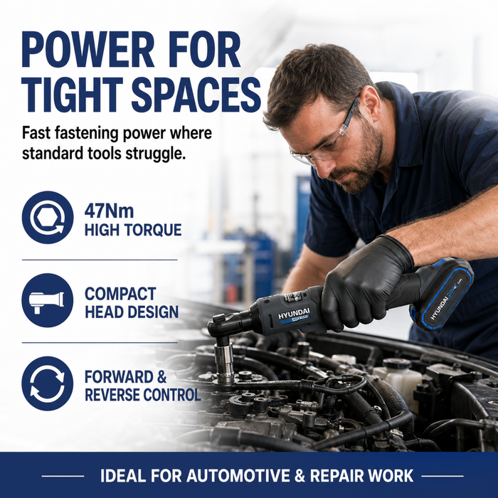Hyundai 20V Cordless Ratchet Wrench Kit – 47Nm, LED, Compact Head, FWD/REV Switch + 20V 2Ah Lithium-Ion Battery & Charger Kit
