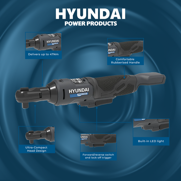 Hyundai 20V Cordless Ratchet Wrench – 47Nm, LED, Compact Head, FWD/REV Switch - SKIN ONLY (RW20S-47)