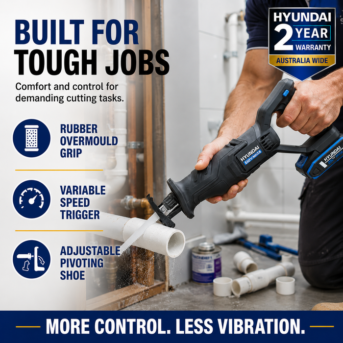Hyundai 20V Cordless Reciprocating Saw Kit – 100mm Wood Cut, Tool-Free Blade Change, Variable Speed + 20V 2Ah Lithium-Ion Battery & Charger Kit