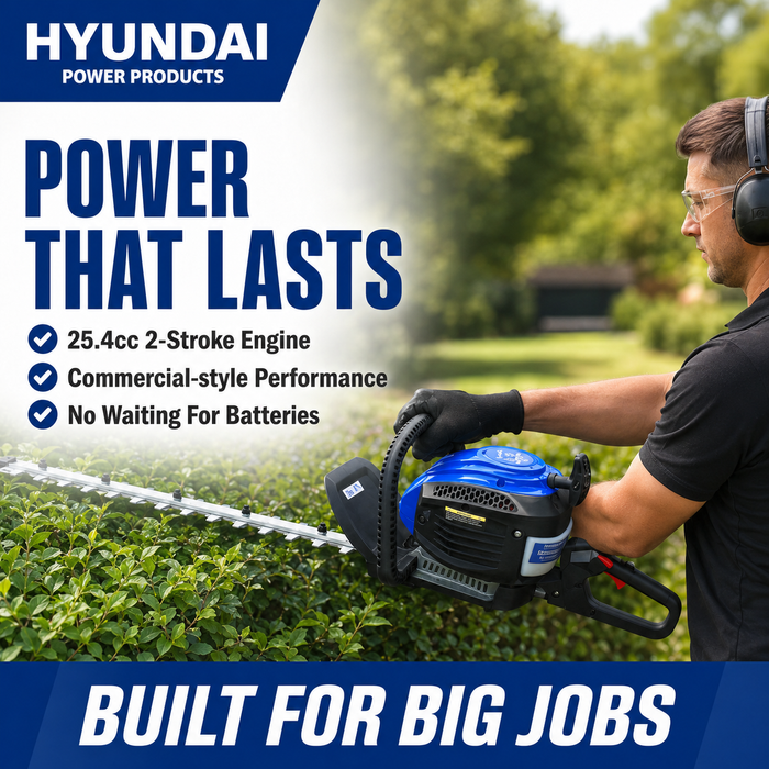 Hyundai 25.4cc Petrol Hedge Trimmer – Double Reciprocating Blade, Rotatable Handle, Easy Start