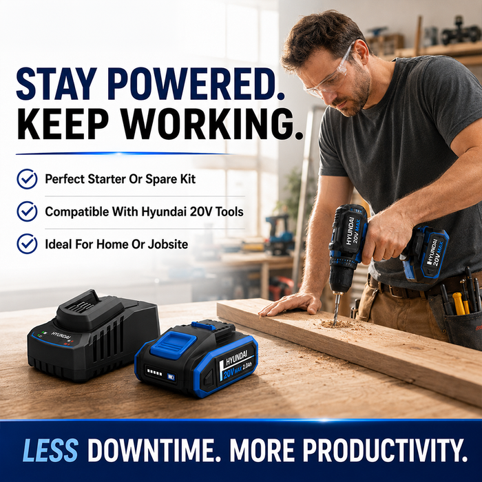 Hyundai 20V 2Ah Lithium-Ion Battery & Charger Kit – for Hyundai 20V Cordless Power Tools - Fast Charging, Compact, Reliable