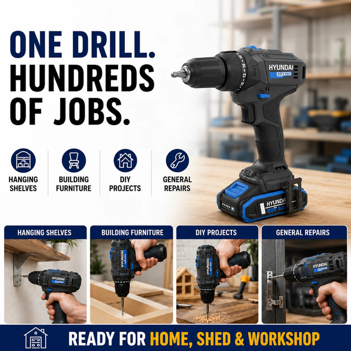 Hyundai 20V 40Nm Cordless Driver Drill, 2Ah Battery and Charger Kit, 2-Speed, LED Light, 13 mm Chuck