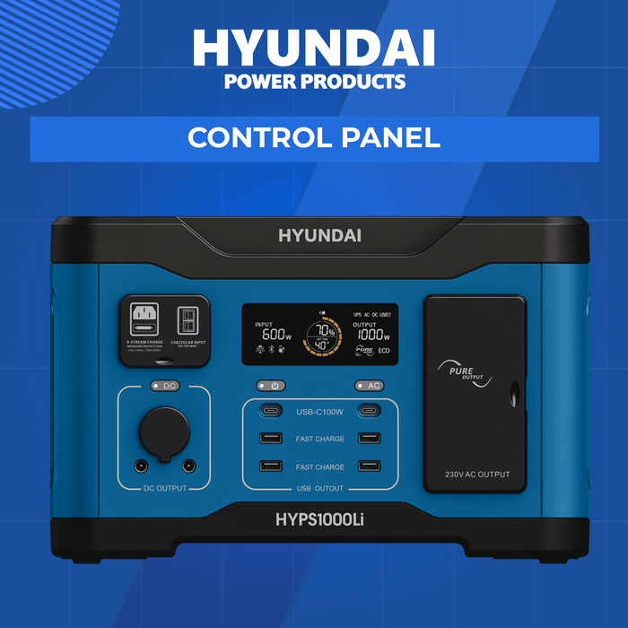 Hyundai 1000W Lithium Power Station – LiFePO4, Solar Input, 921Wh Backup & Outdoor Power (HYPS1000)