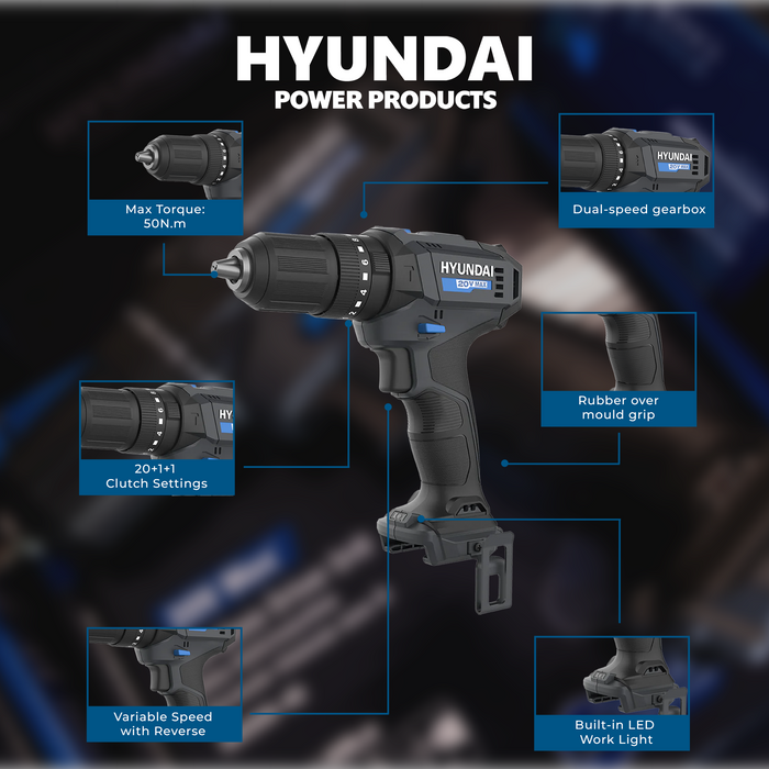 Hyundai 20V Cordless Hammer Drill – 2-Speed, 50Nm Torque, LED - SKIN ONLY (HD20S-50)