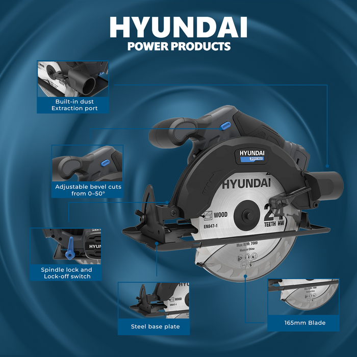 Hyundai 20V Cordless Circular Saw – 165mm Blade, Bevel Cuts, Dust Port – SKIN ONLY (CS20S-165)