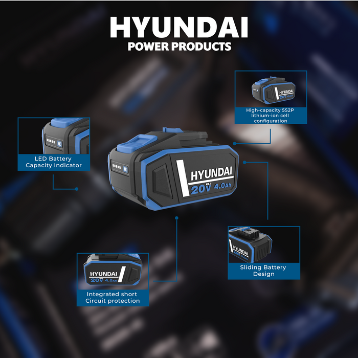 Hyundai 20V 4.0Ah Li-ion Battery – High-Capacity Power Pack for Hyundai Cordless Tools (BI20-4)
