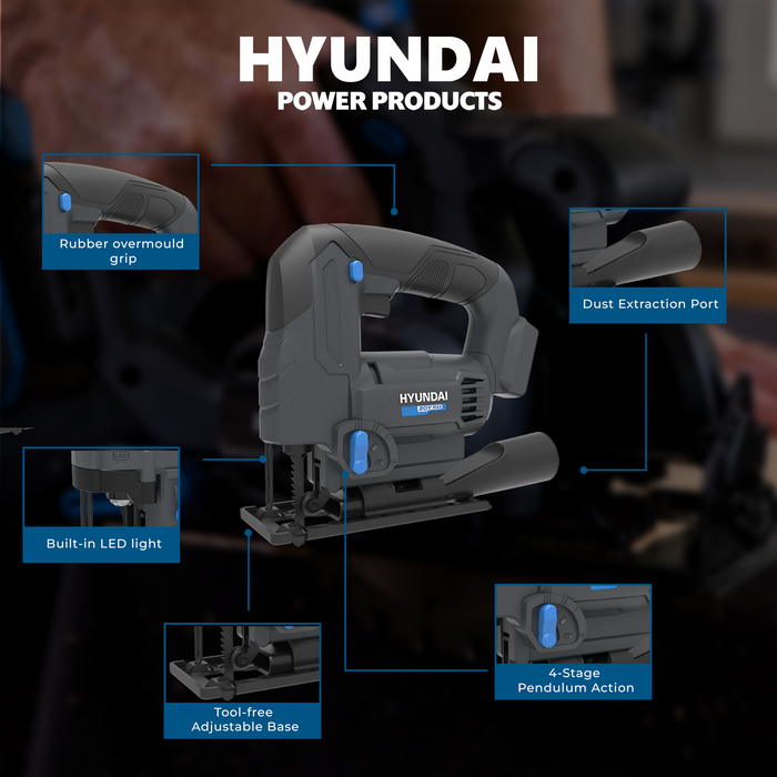 Hyundai 20V Cordless Jig Saw – Variable Speed, Tool-Free Blade, 45° Bevel, Dust Adapter - SKIN ONLY (JS20S-24)
