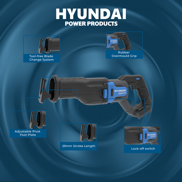 Hyundai 20V Brushless Reciprocating Saw – 300mm Cut, Tool-Free Blade Change - SKIN ONLY (RS20X-29)