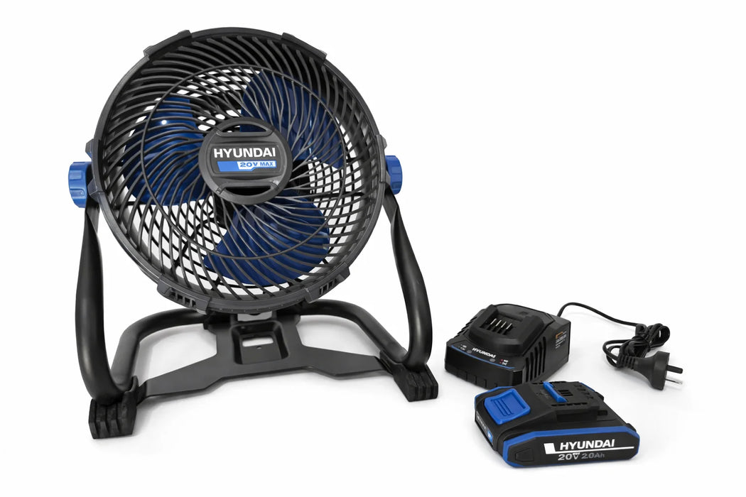 Hyundai 20V Cordless Camping & Job Site FAN KIT– 360° Adjustable Airflow, Dual Speed Cooling for Camping, Workshop & Garage