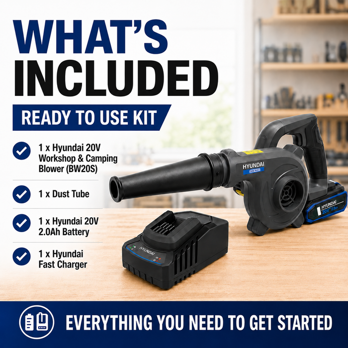 Hyundai 20V Cordless Workshop & Camping Blower + 2.0Ah Battery & Fast Charger