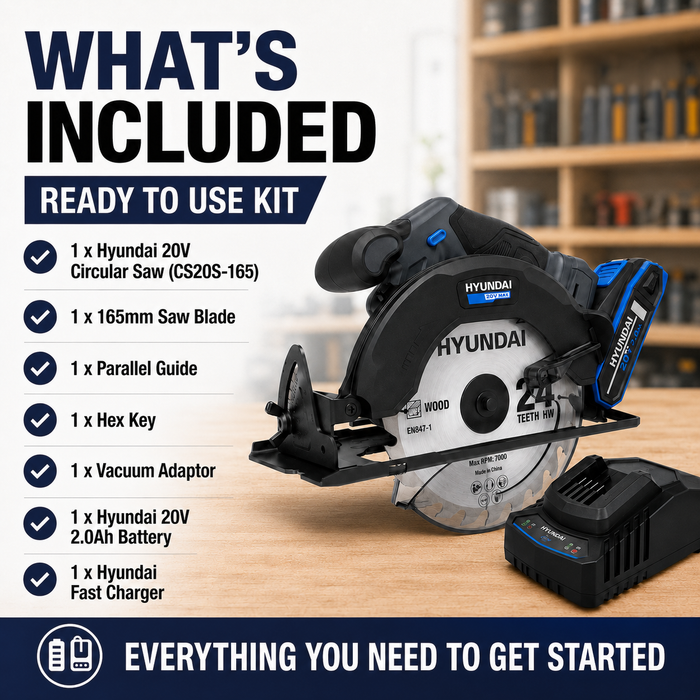 Hyundai 20V Cordless Circular Saw Kit – 165mm Blade, Bevel Cuts, Dust Port + 20V 2Ah Lithium-Ion Battery & Charger Kit