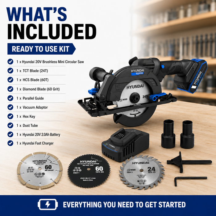Hyundai 20V Brushless Mini Circular Saw Kit – 120mm Blade, 41mm Cut Depth + 20V 2Ah Lithium-Ion Battery & Charger Kit