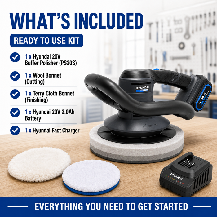 Hyundai 20V Orbital Polisher Full Kit - Random Orbital Buffer Polisher + 2.0Ah Battery & Fast Charger - Car Detailing Kit