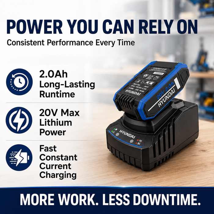 Hyundai 20V 2Ah Lithium-Ion Battery & Charger Kit – for Hyundai 20V Cordless Power Tools - Fast Charging, Compact, Reliable