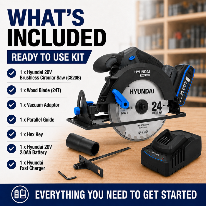 Hyundai 20V Brushless Circular Saw Kit – 190mm Blade, 67.5mm Cut Depth + 20V 2Ah Lithium-Ion Battery & Charger Kit