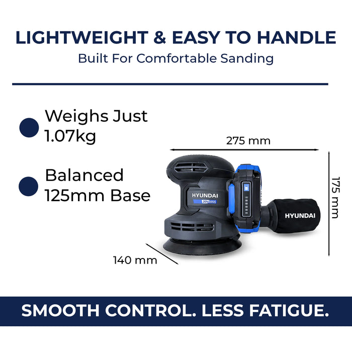 Hyundai 20V Cordless Orbital Sander – 5” Pad, Dust Collection, Variable Speed Control – Skin Only