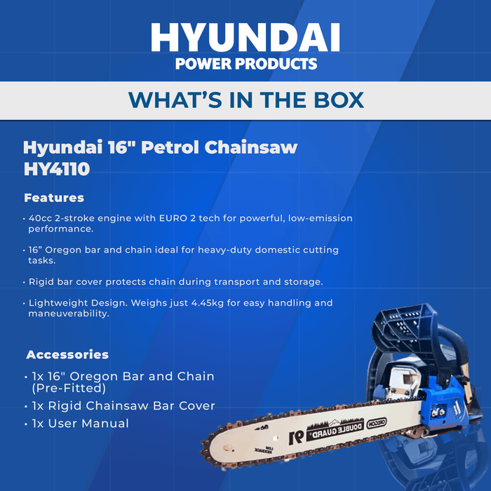 Hyundai 16" Petrol Chainsaw – 40cc 2-Stroke, Oregon Bar, Lightweight, Auto Chain Lube, Anti-Kickback Brake (HY4110)