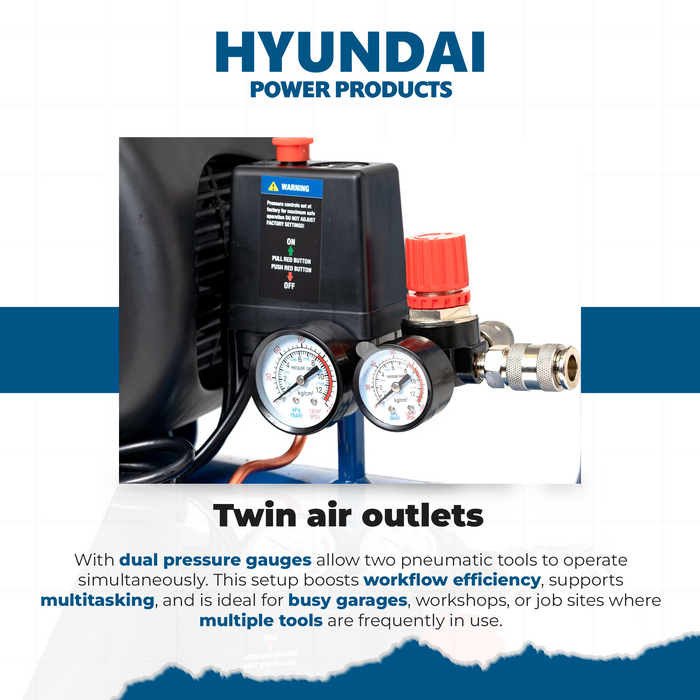 Hyundai 2HP 24L Portable Air Compressor – Direct Drive, Twin Outlet, 7.07CFM, Oil-Lubricated (HYAC2024F)